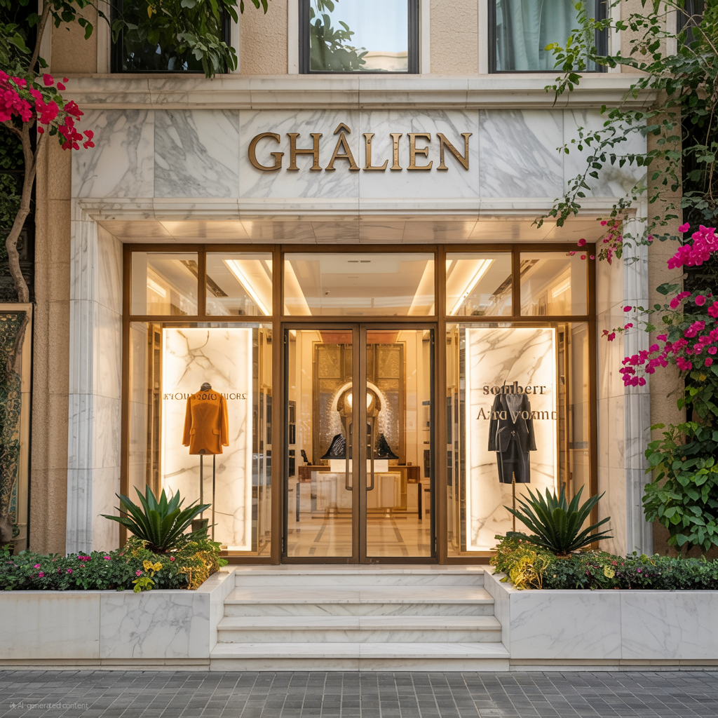 Ghâlien store front with glass doors and floral decorations